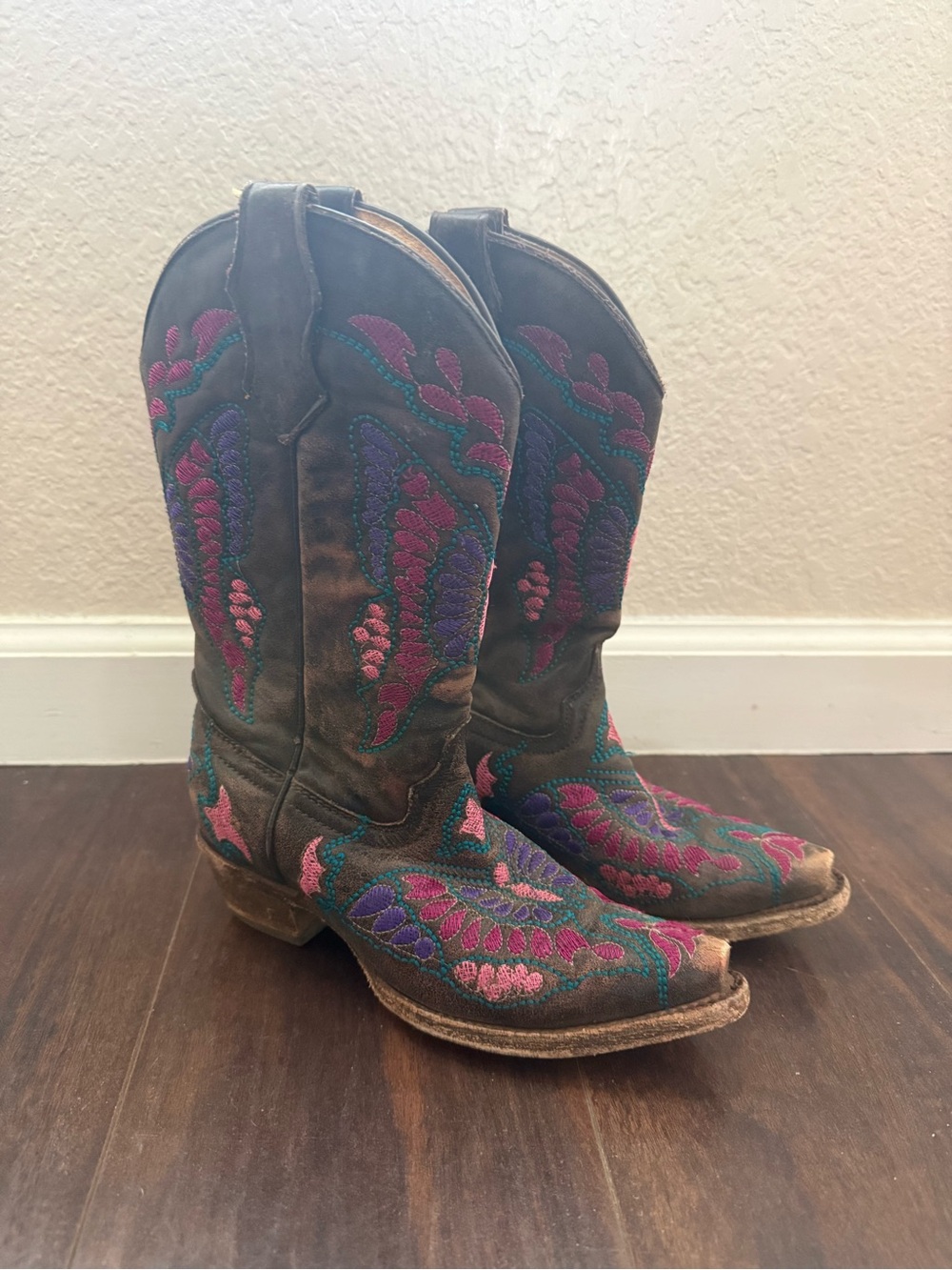 Girls Size 2.5 Corral Brown Leather Western Pointed Boots with Embroidery